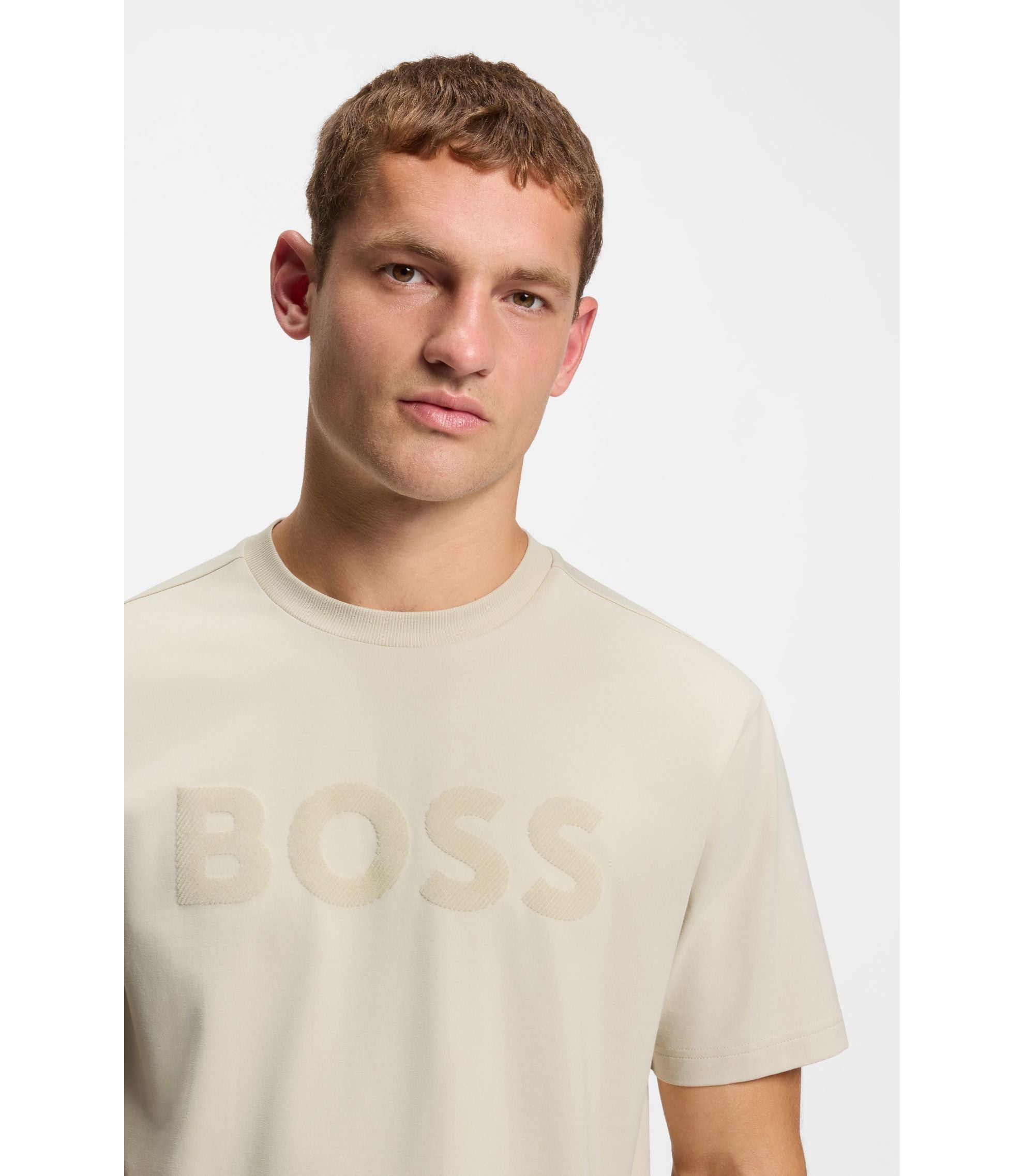 Boss Tonal Logo T Shirt In Stretch Cotton Light Beige