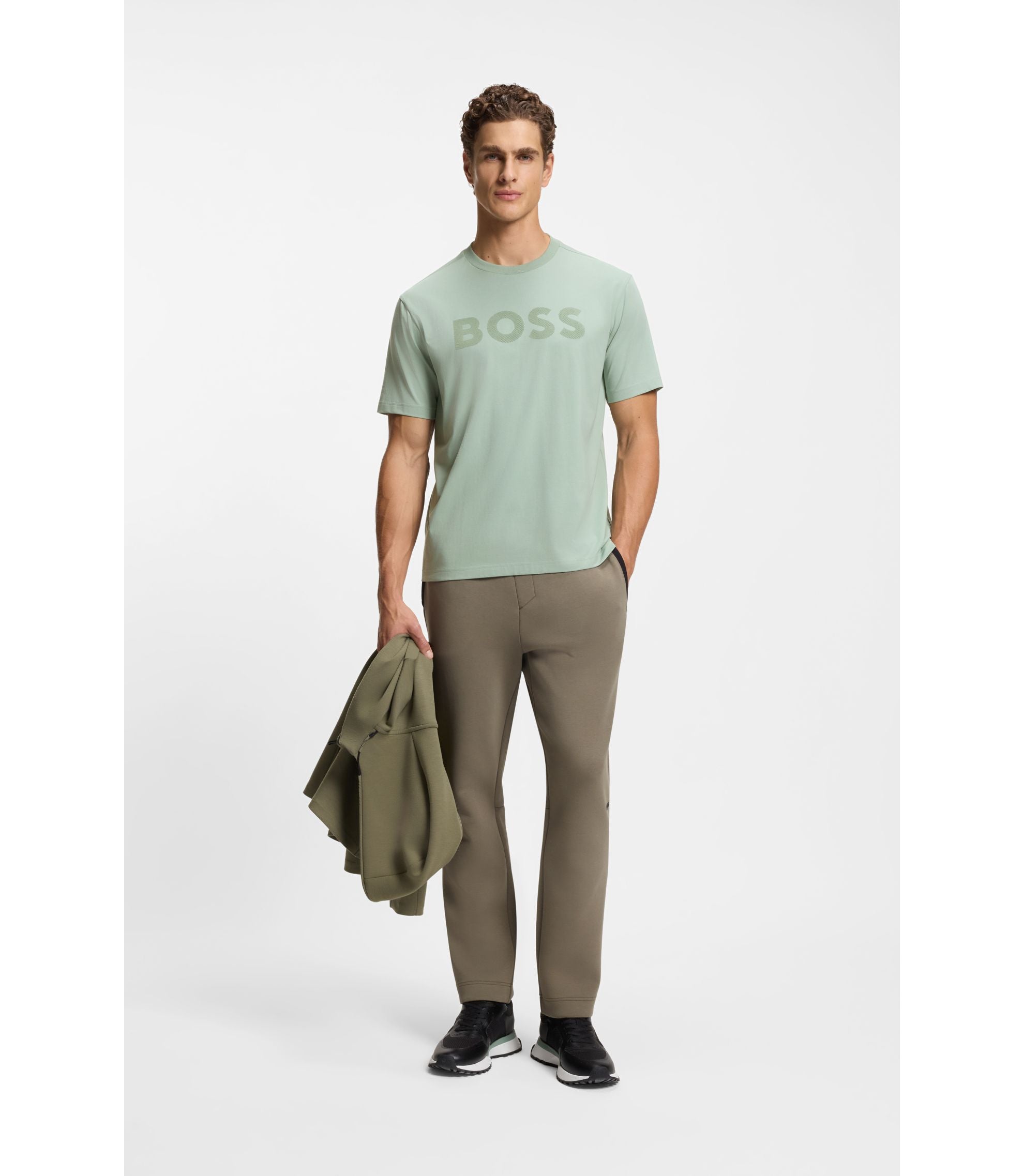 Boss Tonal Logo T Shirt In Stretch Cotton Light Green