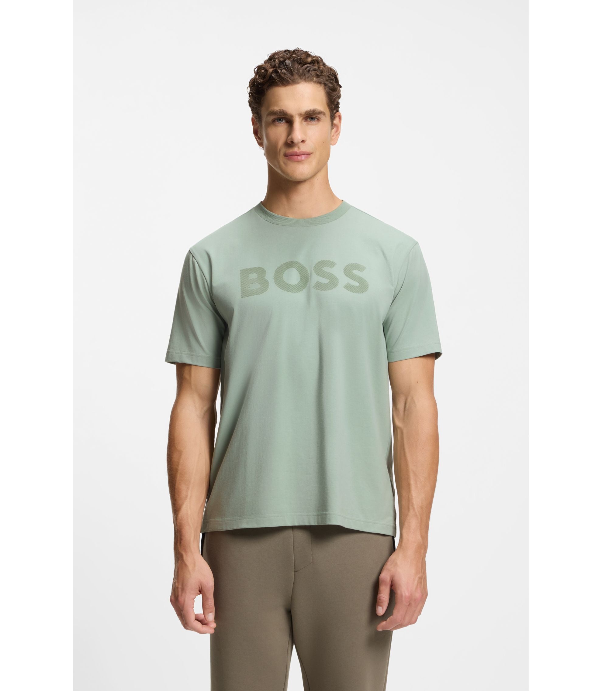 Boss Tonal Logo T Shirt In Stretch Cotton Light Green