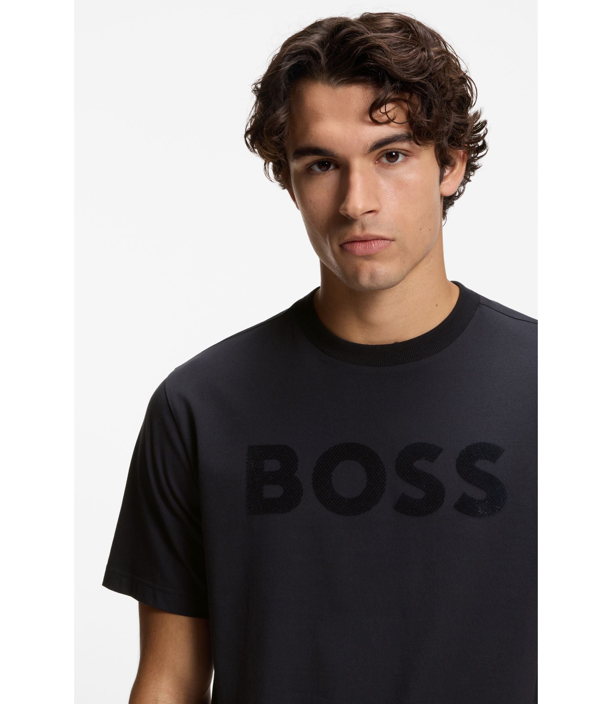 Boss Tonal Logo T Shirt In Stretch Cotton Dark Blue
