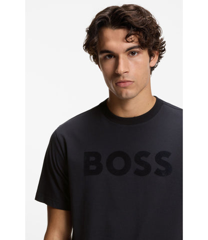 Boss Tonal Logo T Shirt In Stretch Cotton Dark Blue
