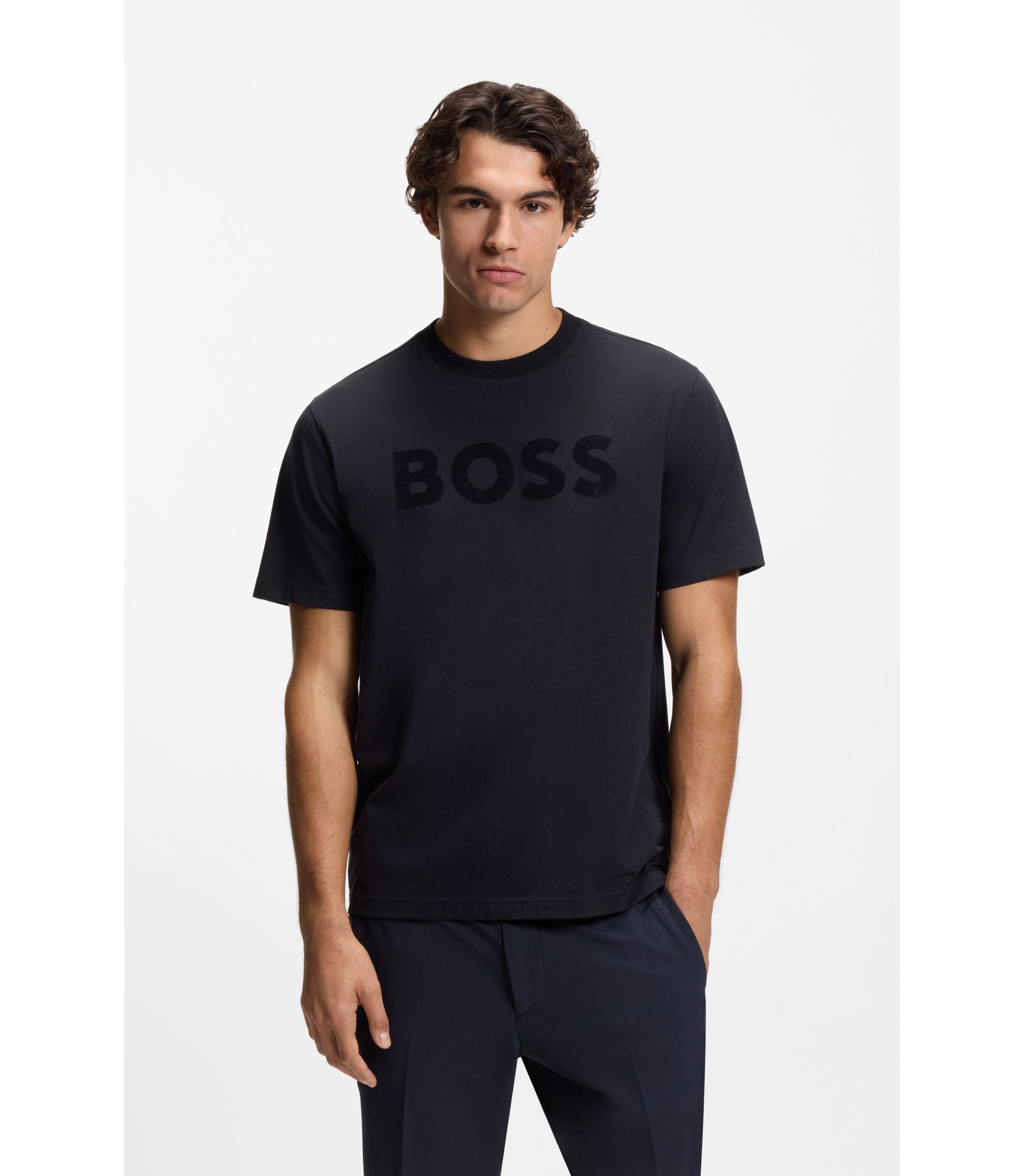 Boss Tonal Logo T Shirt In Stretch Cotton Dark Blue