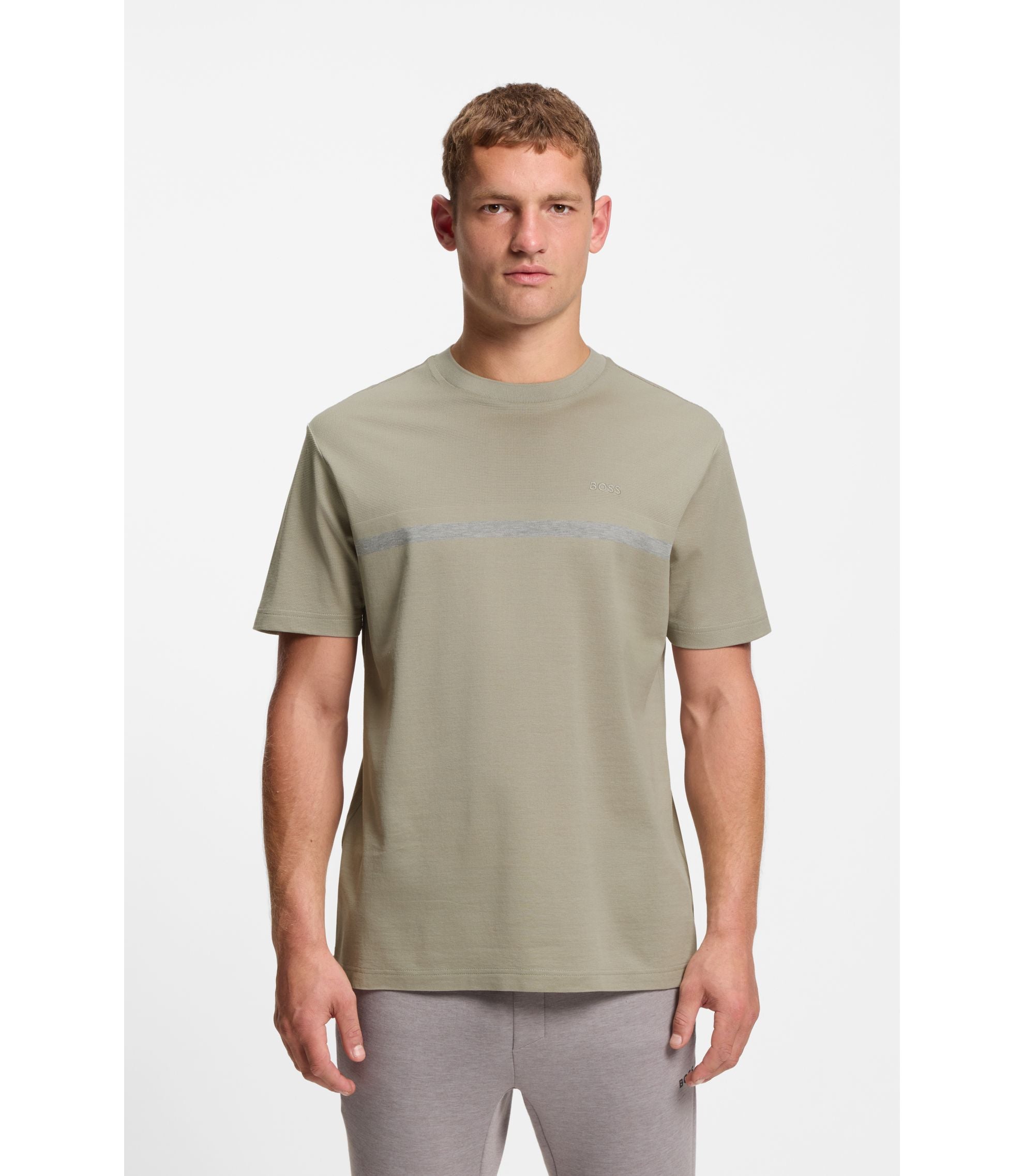 Boss Cotton T Shirt With Logo And Stripe Light Beige