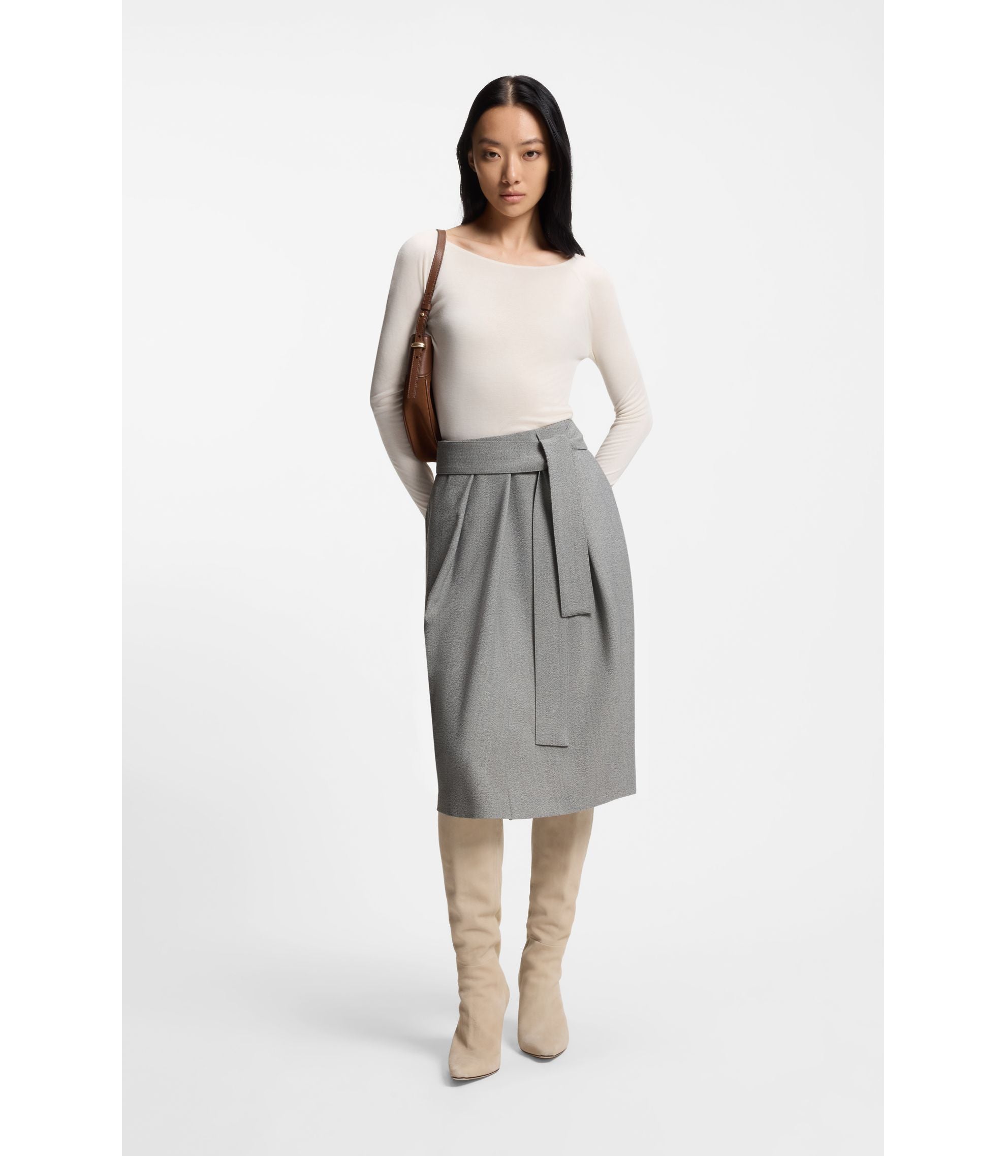 Boss Belted Skirt With Pleat Front Silver Women's