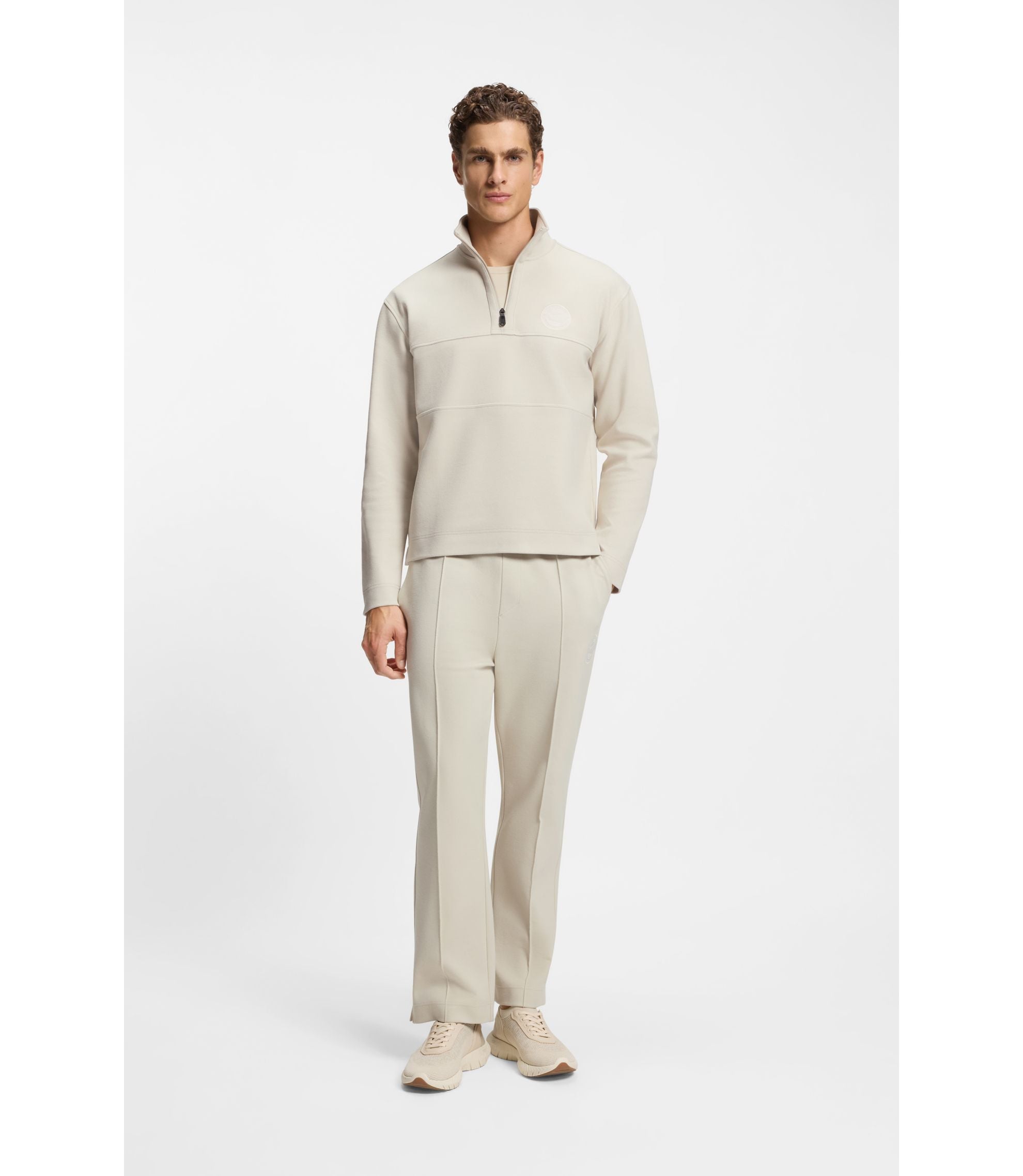 Boss Cotton Blend Tracksuit Bottoms With Tennis Themed Logo Light Beige