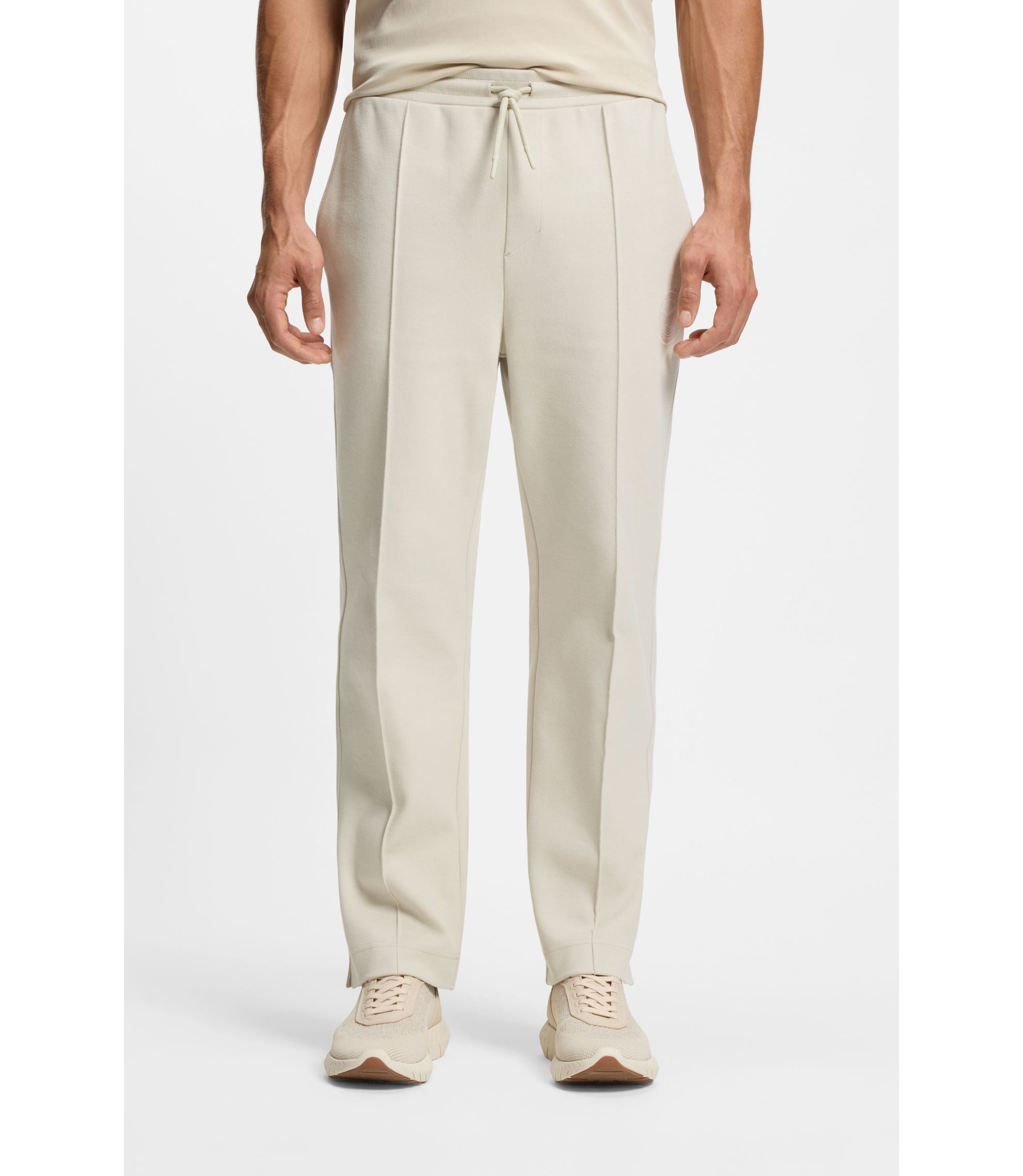 Boss Cotton Blend Tracksuit Bottoms With Tennis Themed Logo Light Beige