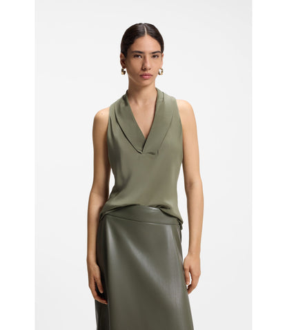 Boss Sleeveless Blouse In Sandwashed Silk With V Neckline Dark Green Women's