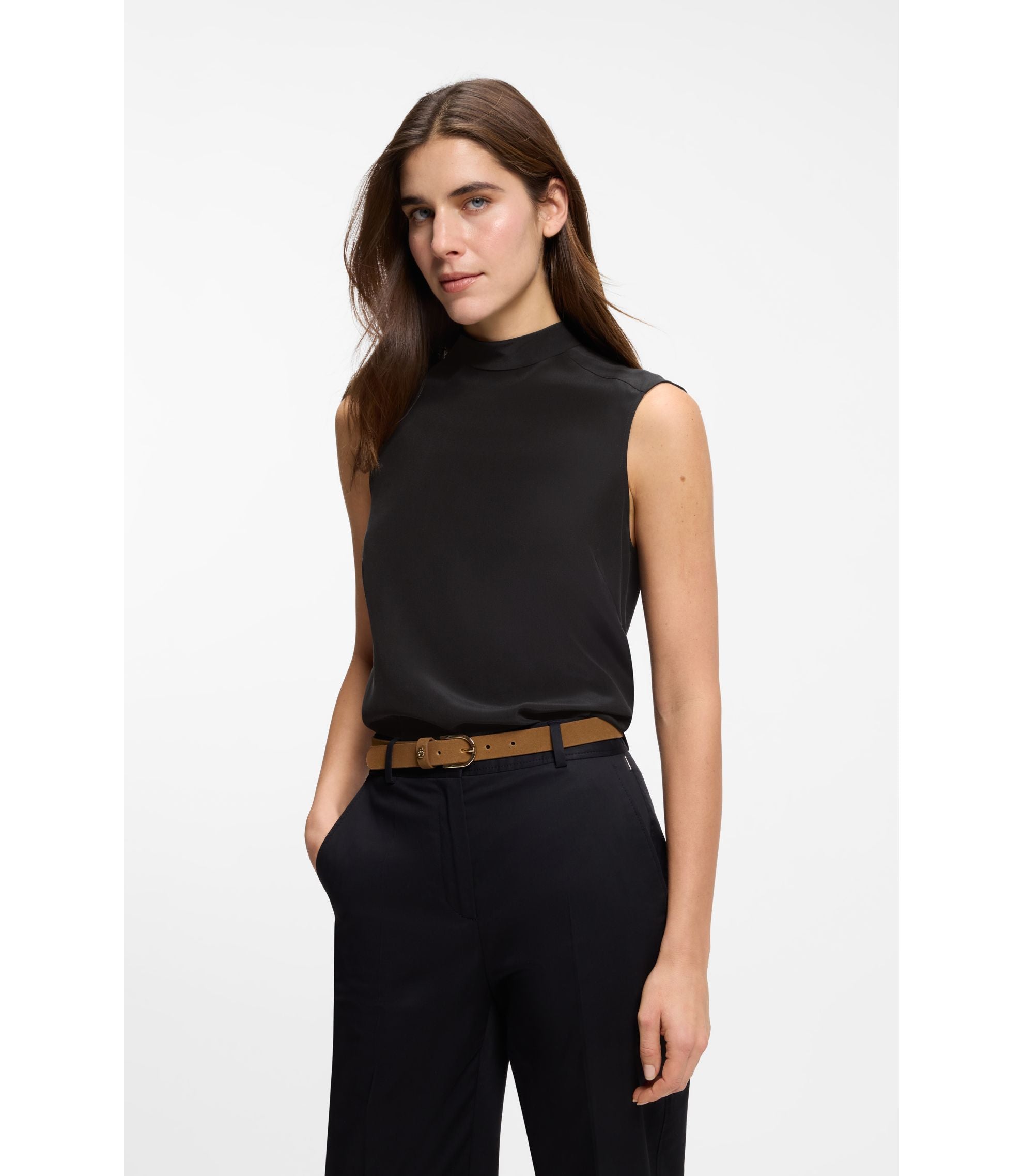 Boss Regular Fit Blouse In Sandwashed Silk With Tie Neck Black Women's