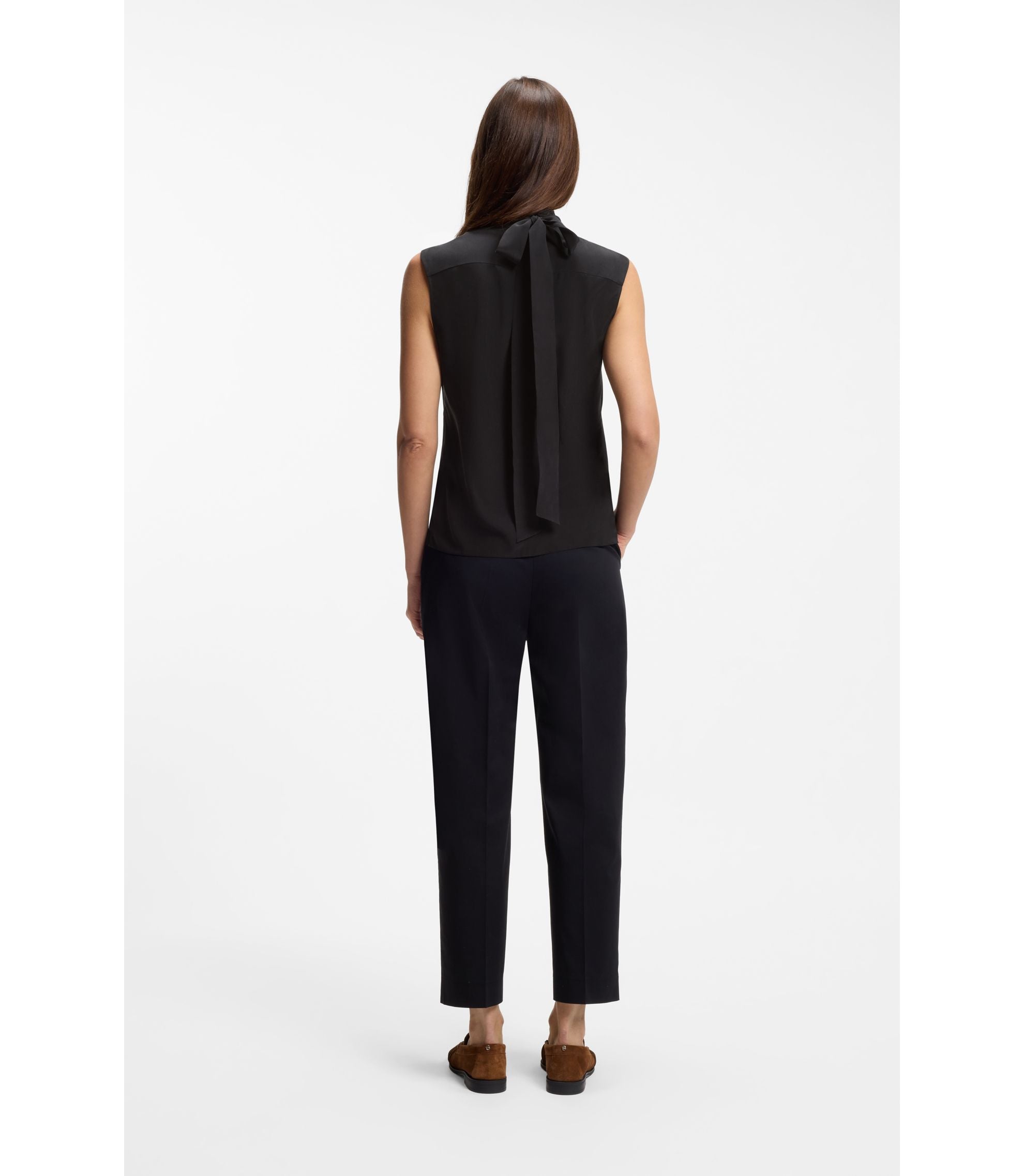 Boss Regular Fit Blouse In Sandwashed Silk With Tie Neck Black Women's