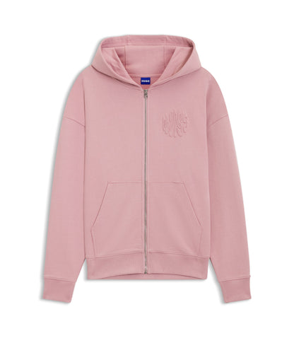 Hugo Embossed Logo Zip Up Hoodie In Cotton Terry Light Pink Women's
