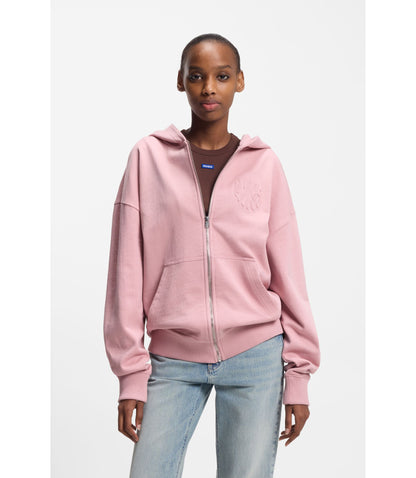 Hugo Embossed Logo Zip Up Hoodie In Cotton Terry Light Pink Women's