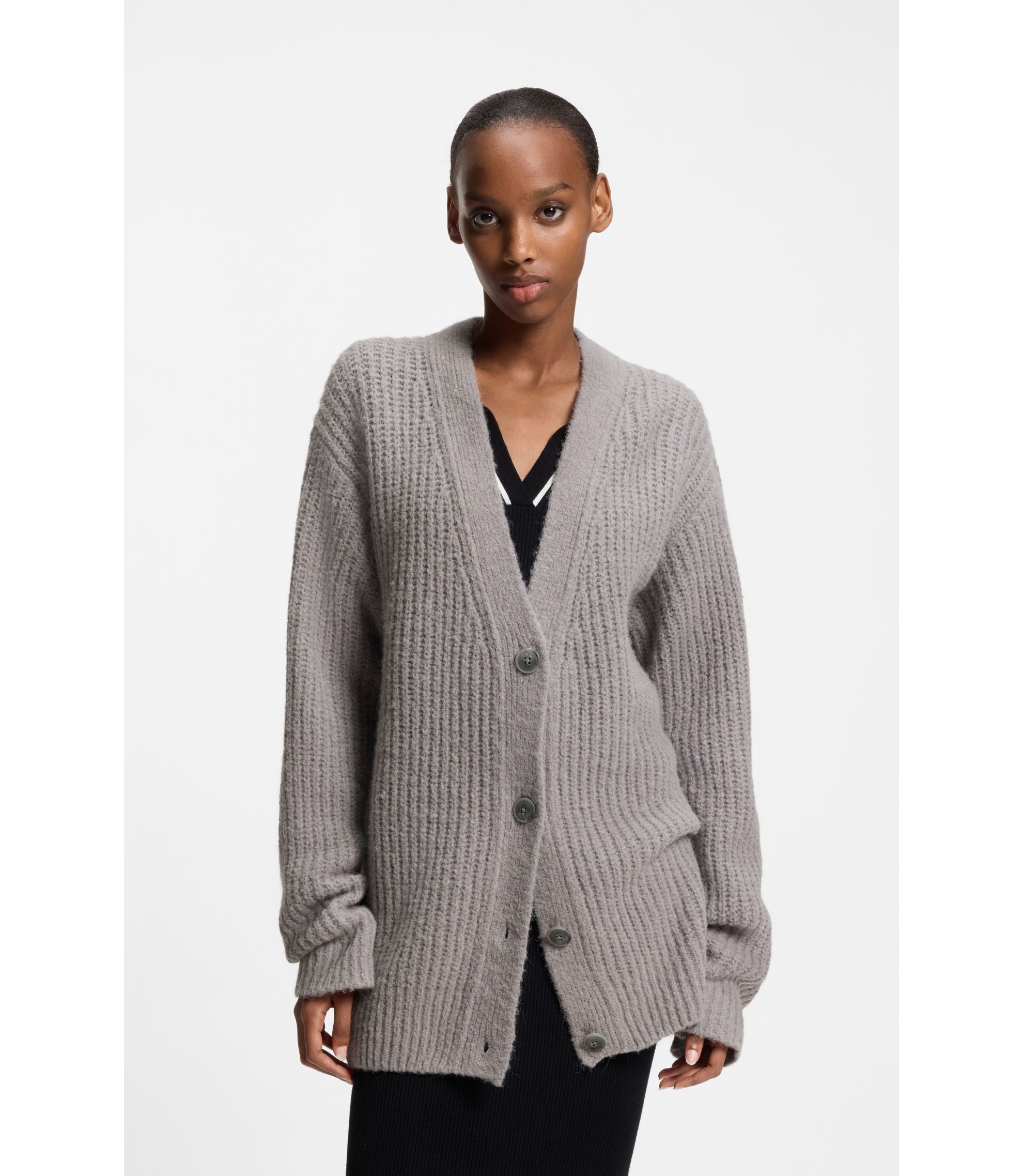 Hugo Embroidered Logo Cardigan In An Oversized Fit Light Grey Women's