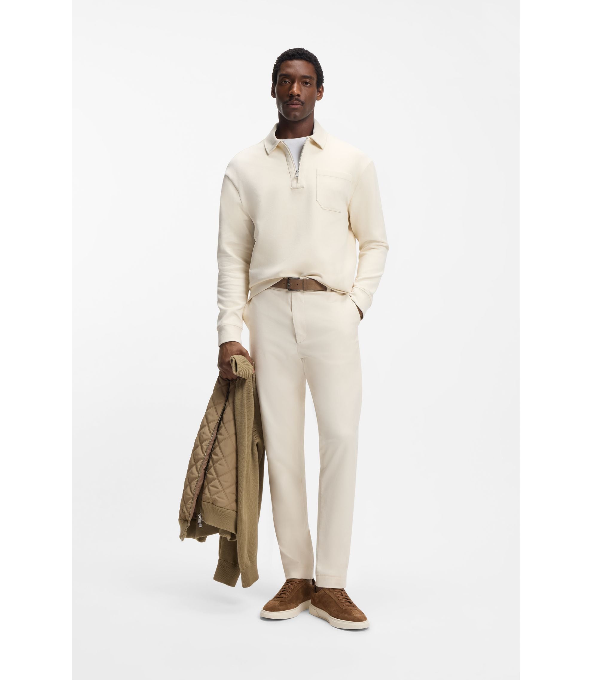 Boss Zip Neck Sweatshirt In A Cotton Blend White