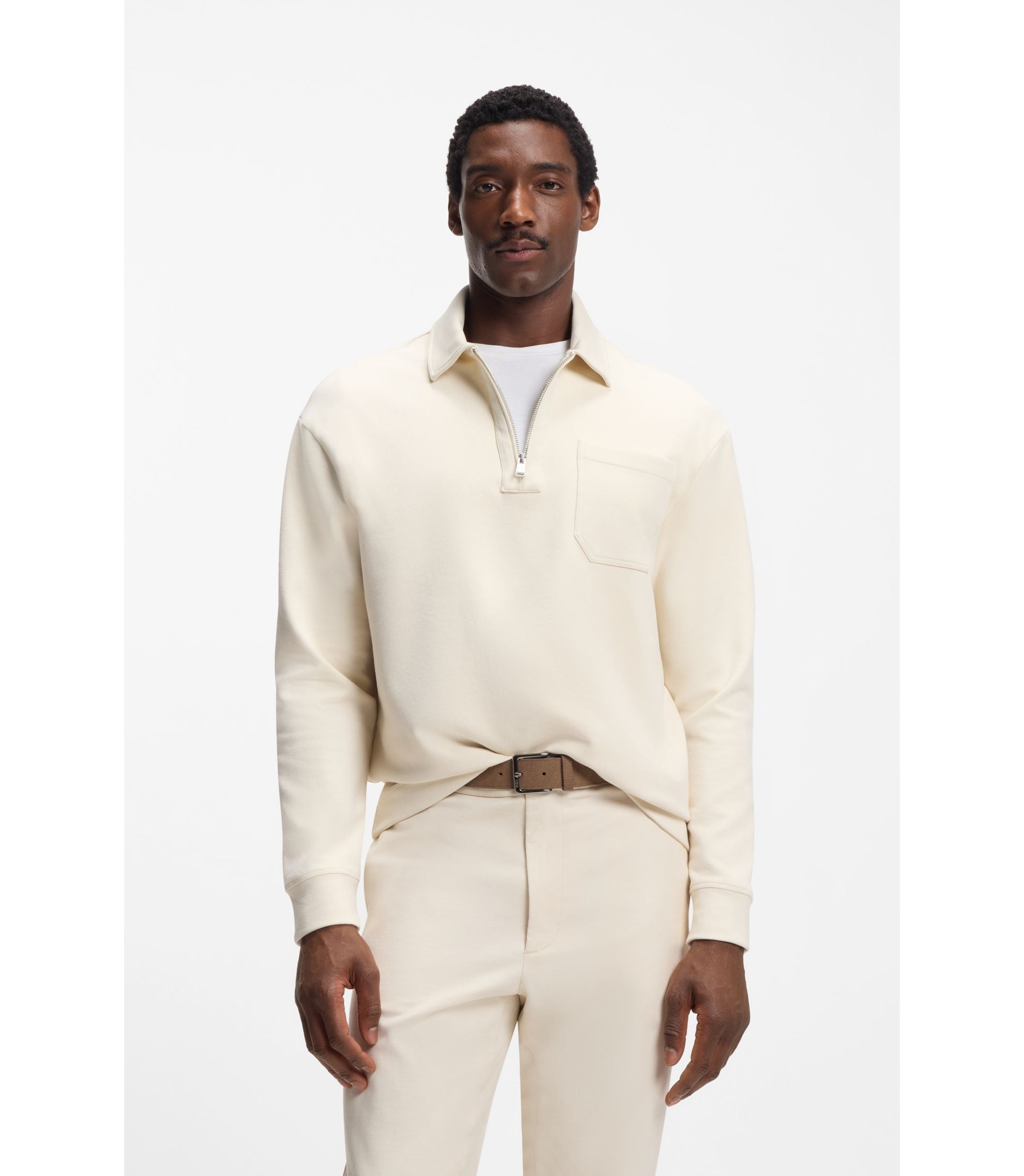 Boss Zip Neck Sweatshirt In A Cotton Blend White