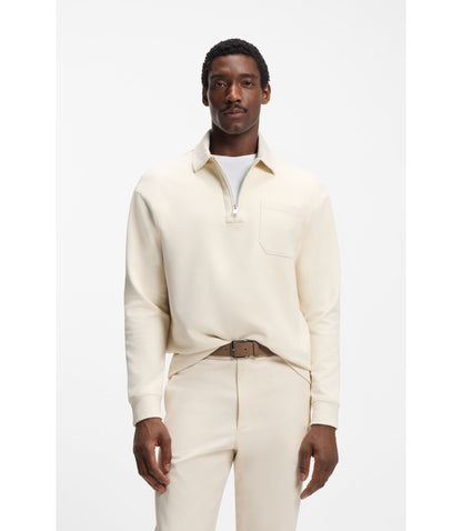 Boss Zip Neck Sweatshirt In A Cotton Blend White