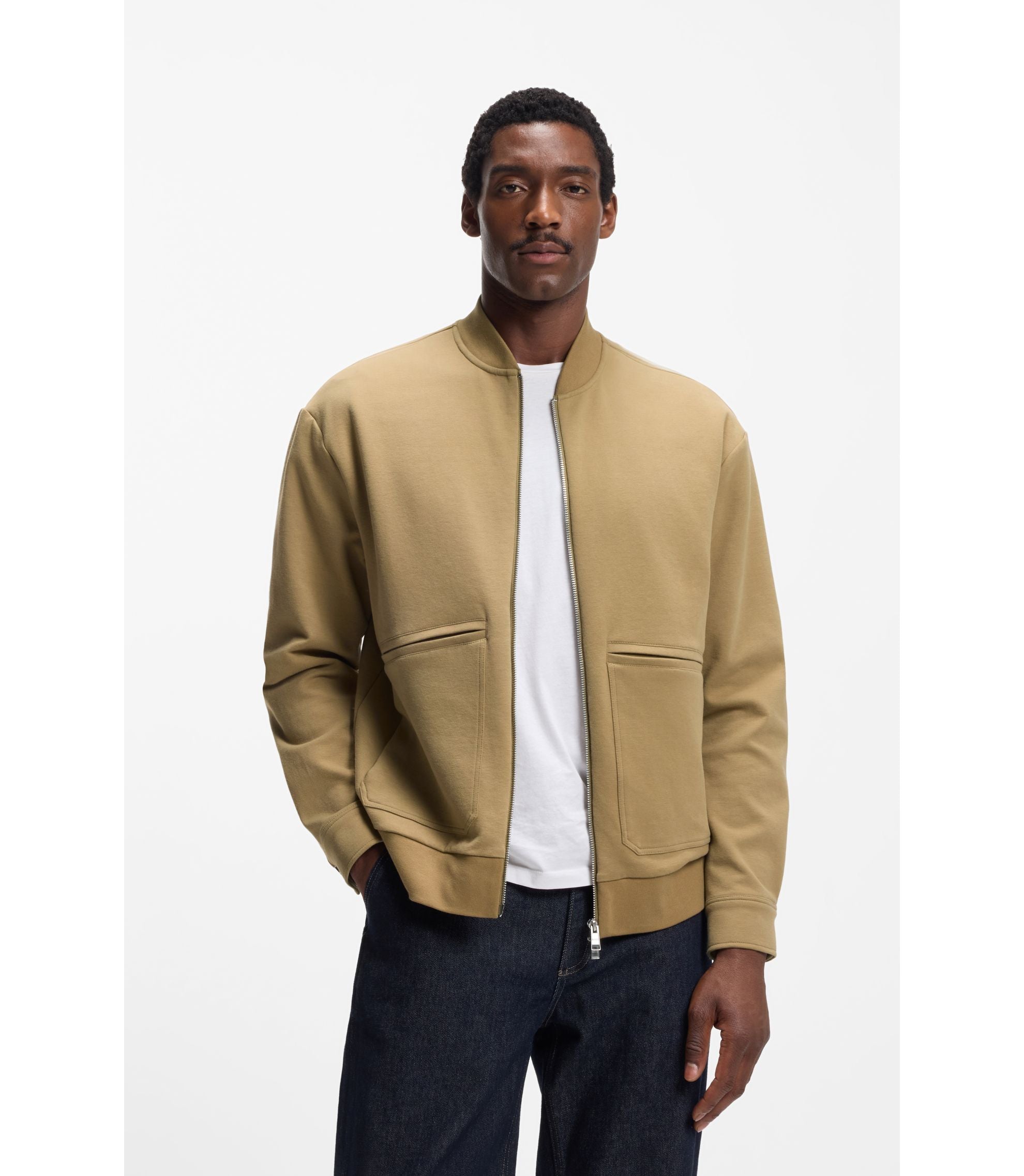 Boss Zip Up Sweatshirt In A Peached Cotton Blend Khaki
