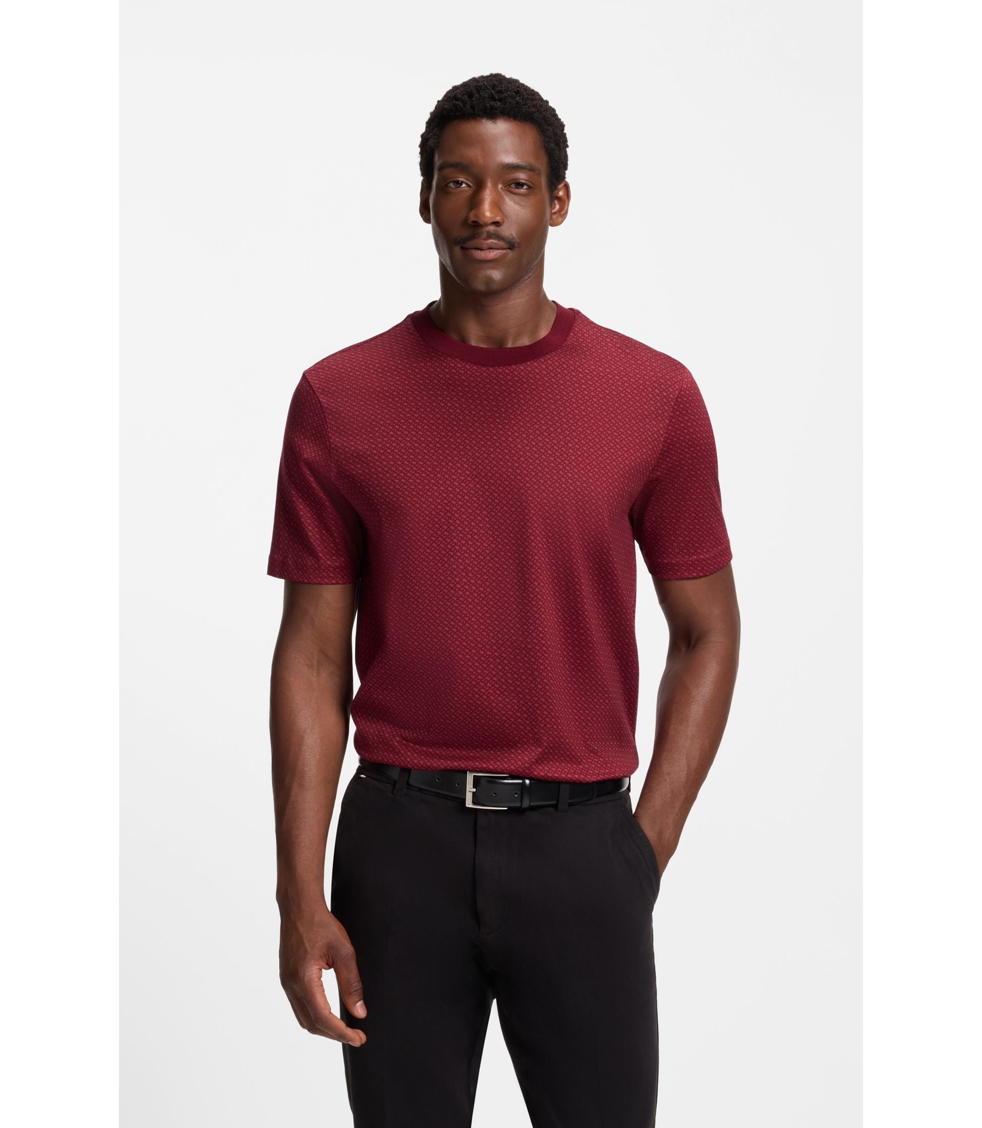 Boss Mercerised Cotton T Shirt With Two Tone Monograms Dark Red