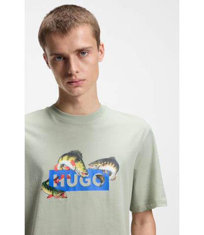 Hugo Printed Artwork T Shirt In Cotton Jersey Light Green