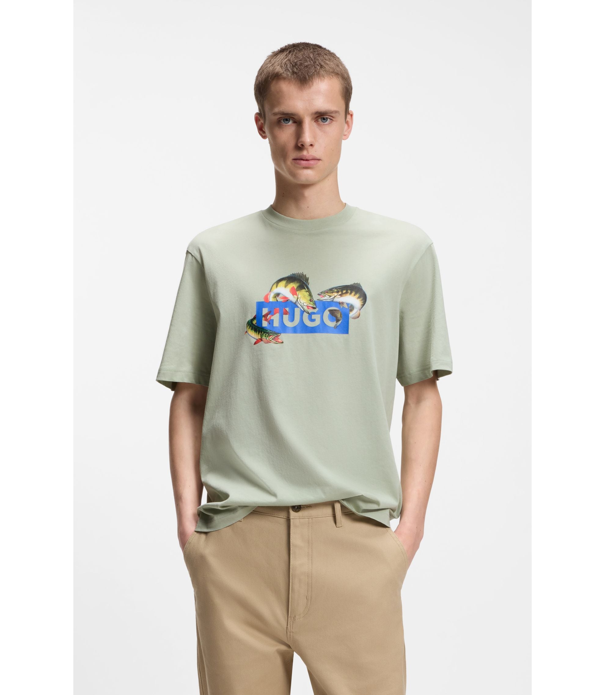 Hugo Printed Artwork T Shirt In Cotton Jersey Light Green