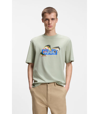 Hugo Printed Artwork T Shirt In Cotton Jersey Light Green