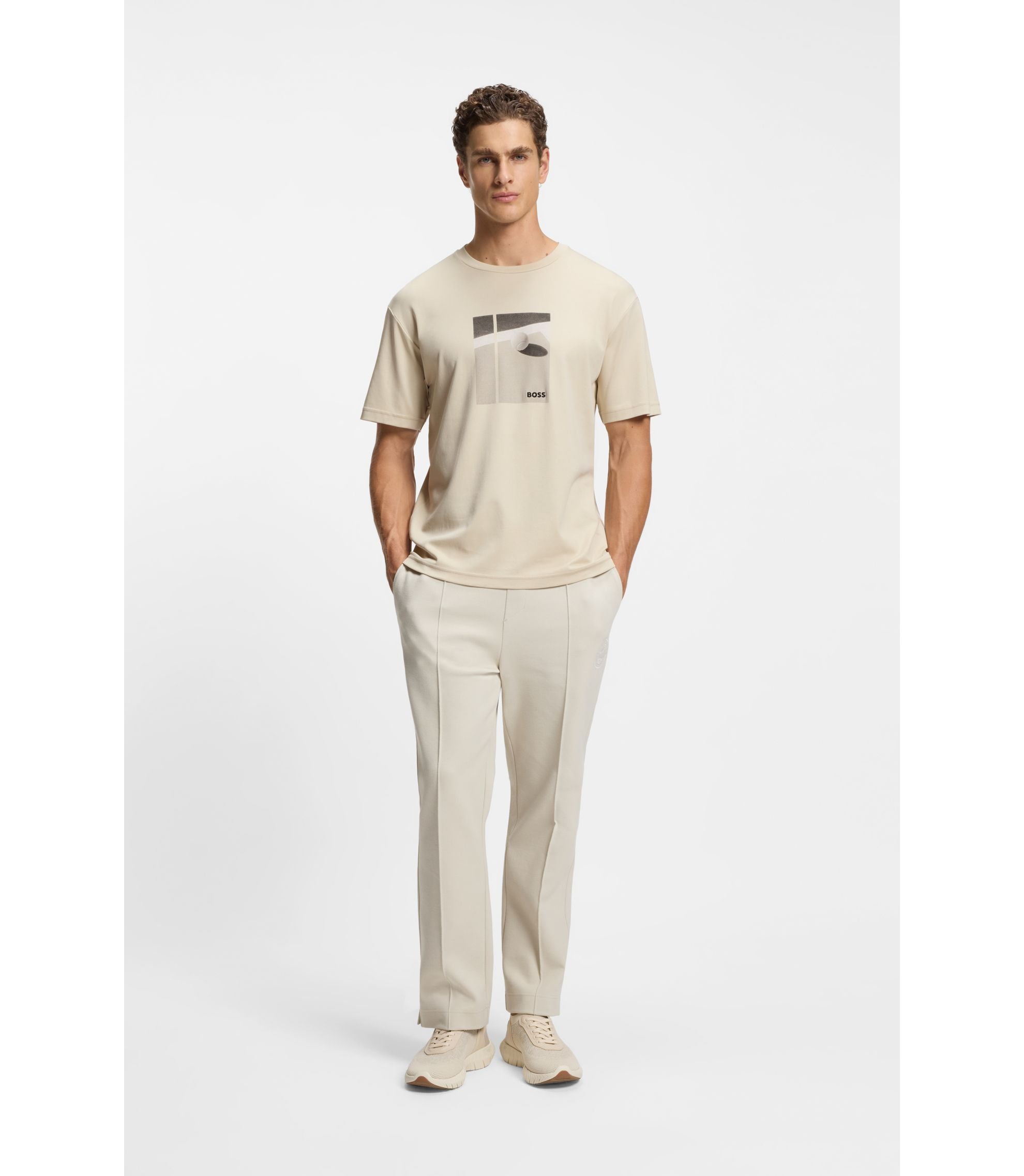 Boss Tennis Artwork T Shirt In Pima Cotton Light Beige