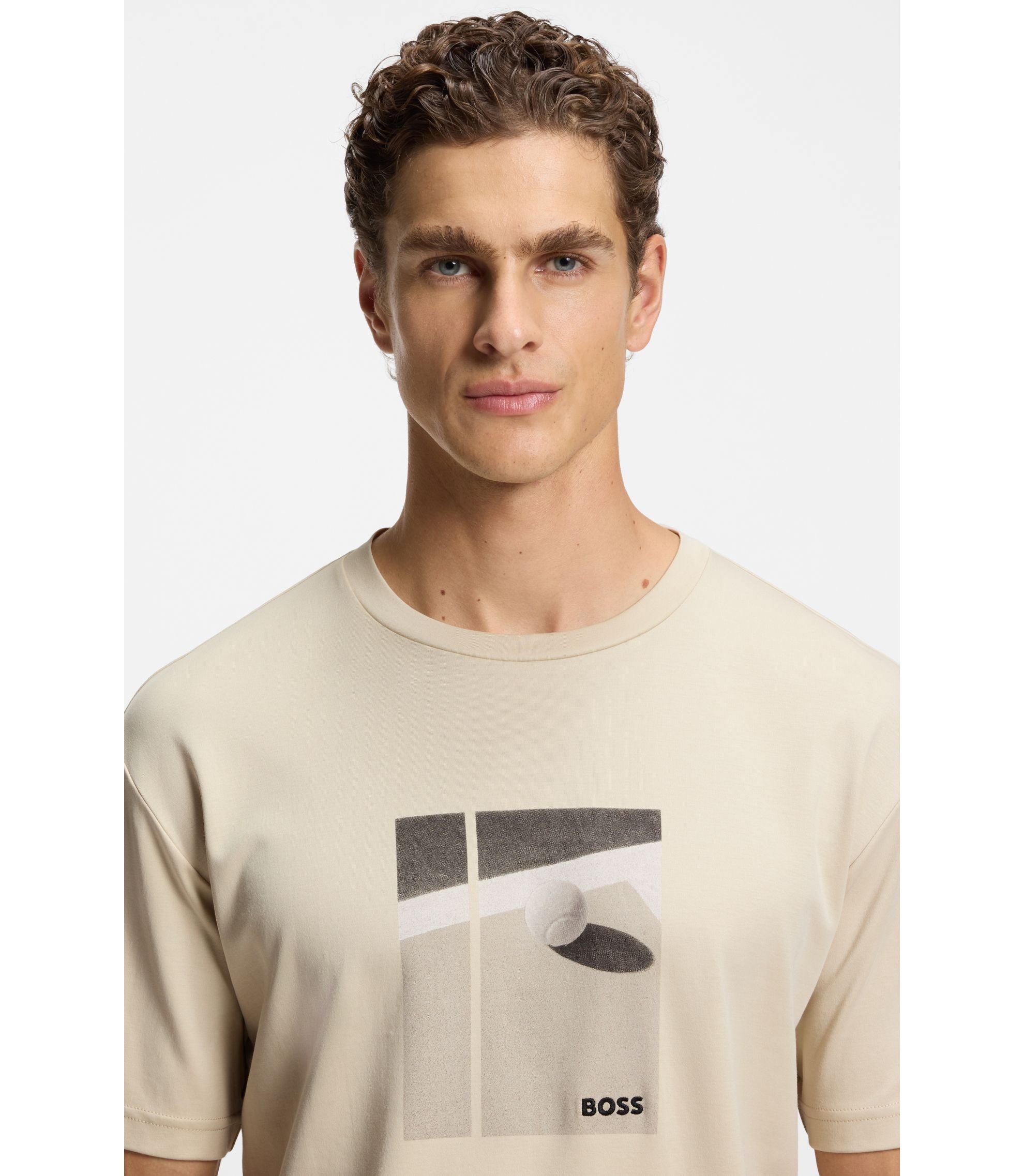 Boss Tennis Artwork T Shirt In Pima Cotton Light Beige