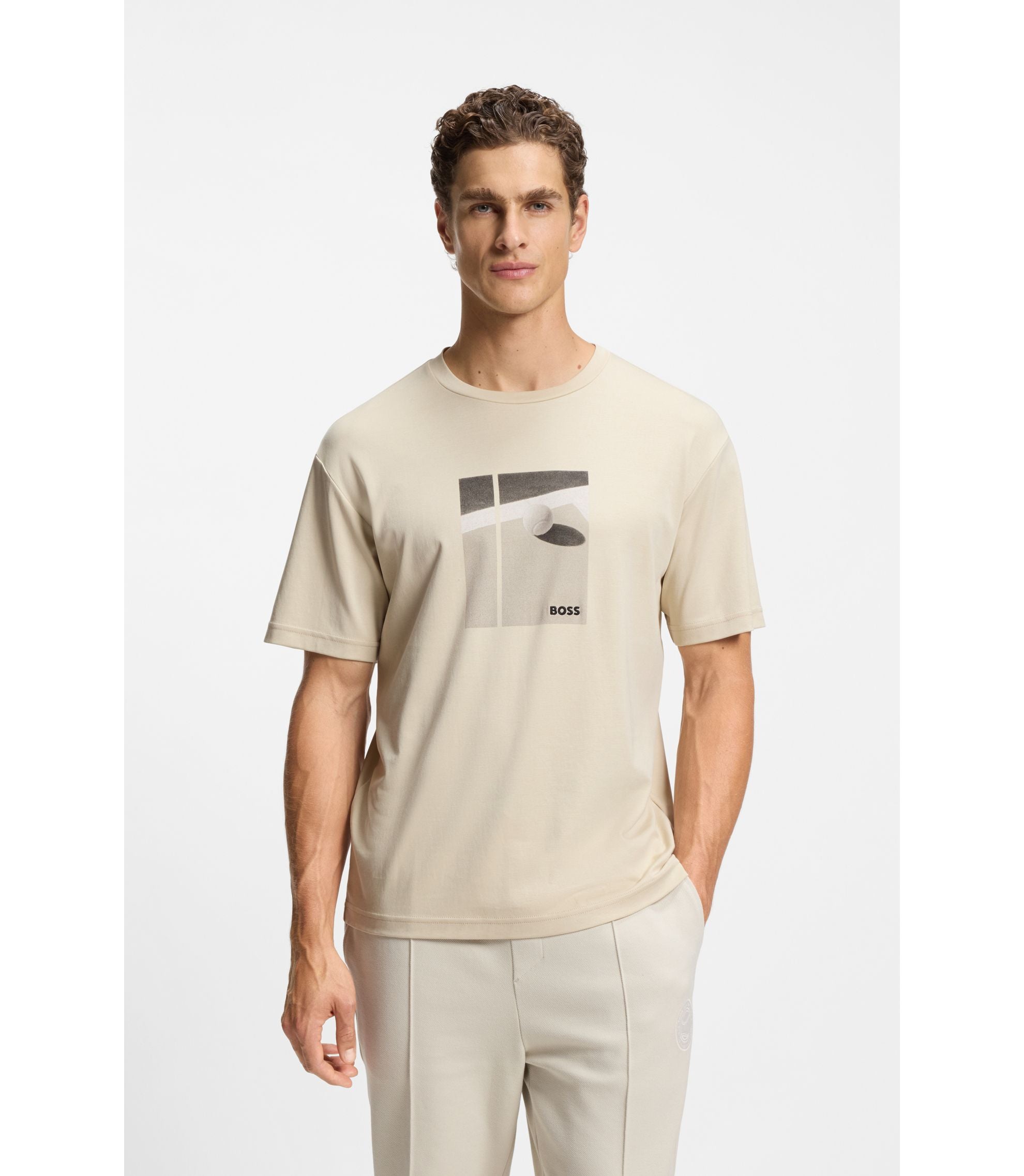 Boss Tennis Artwork T Shirt In Pima Cotton Light Beige