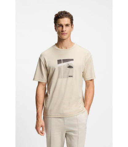 Boss Tennis Artwork T Shirt In Pima Cotton Light Beige