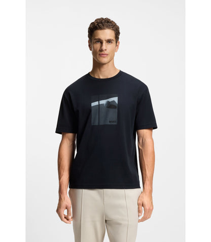 Boss Tennis Artwork T Shirt In Pima Cotton Dark Blue