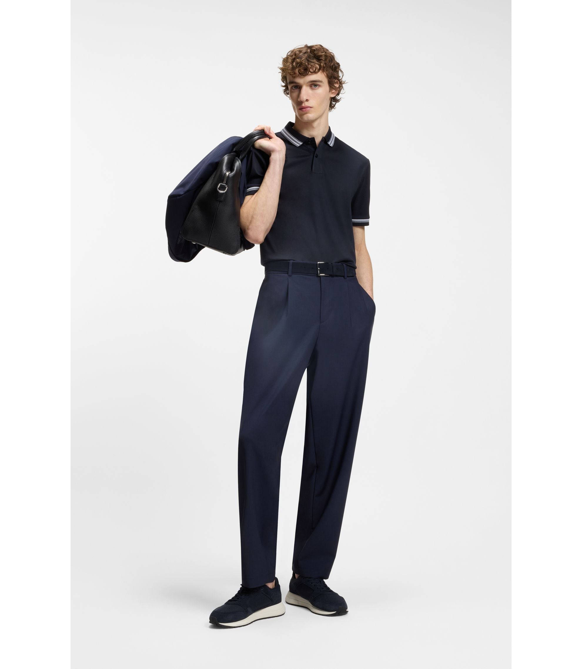 Boss Contrast Tipping Slim Fit Polo Shirt In Mercerised Cotton Dark Blue