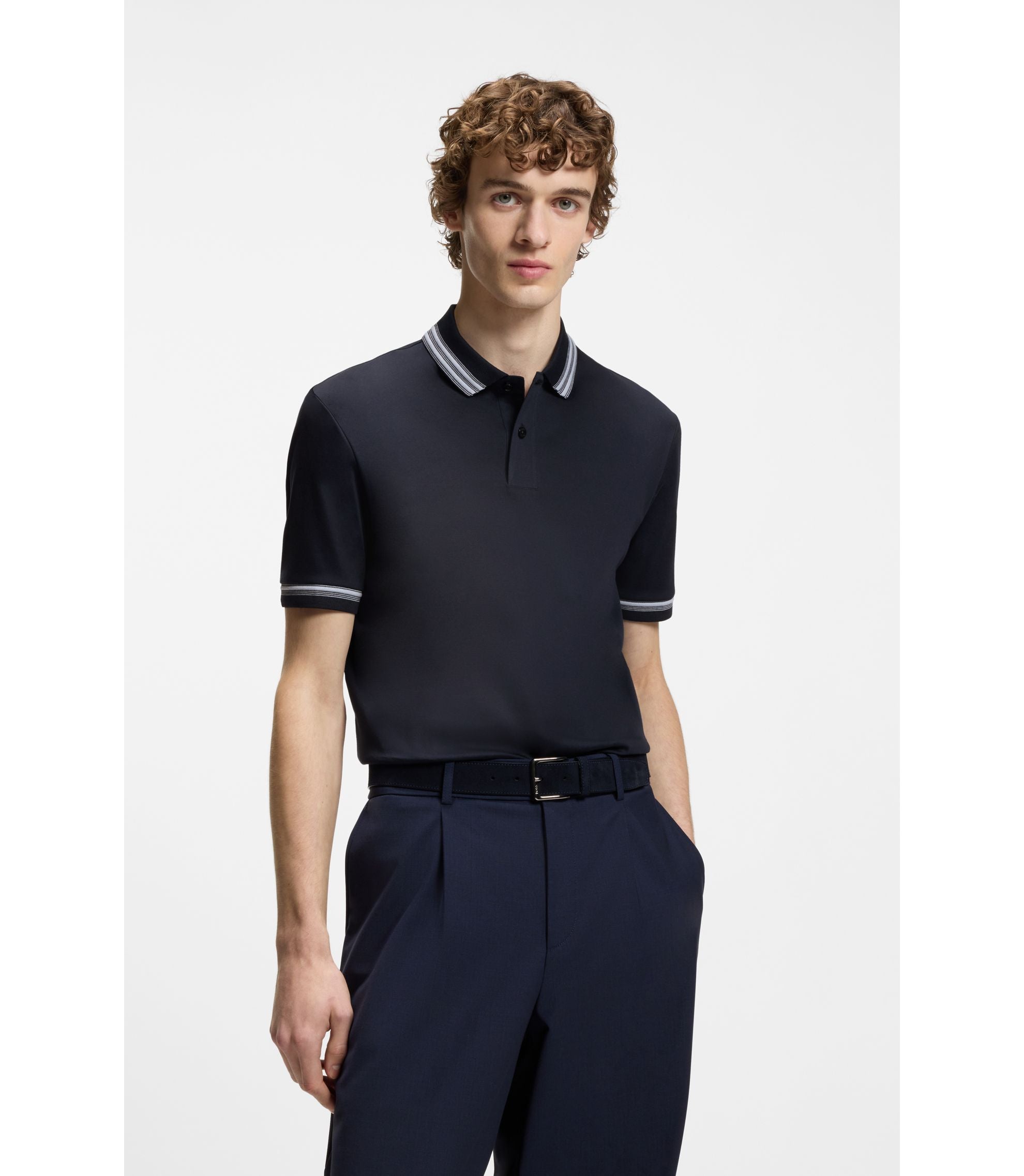Boss Contrast Tipping Slim Fit Polo Shirt In Mercerised Cotton Dark Blue