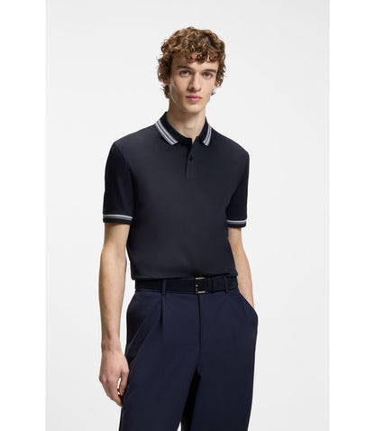 Boss Contrast Tipping Slim Fit Polo Shirt In Mercerised Cotton Dark Blue
