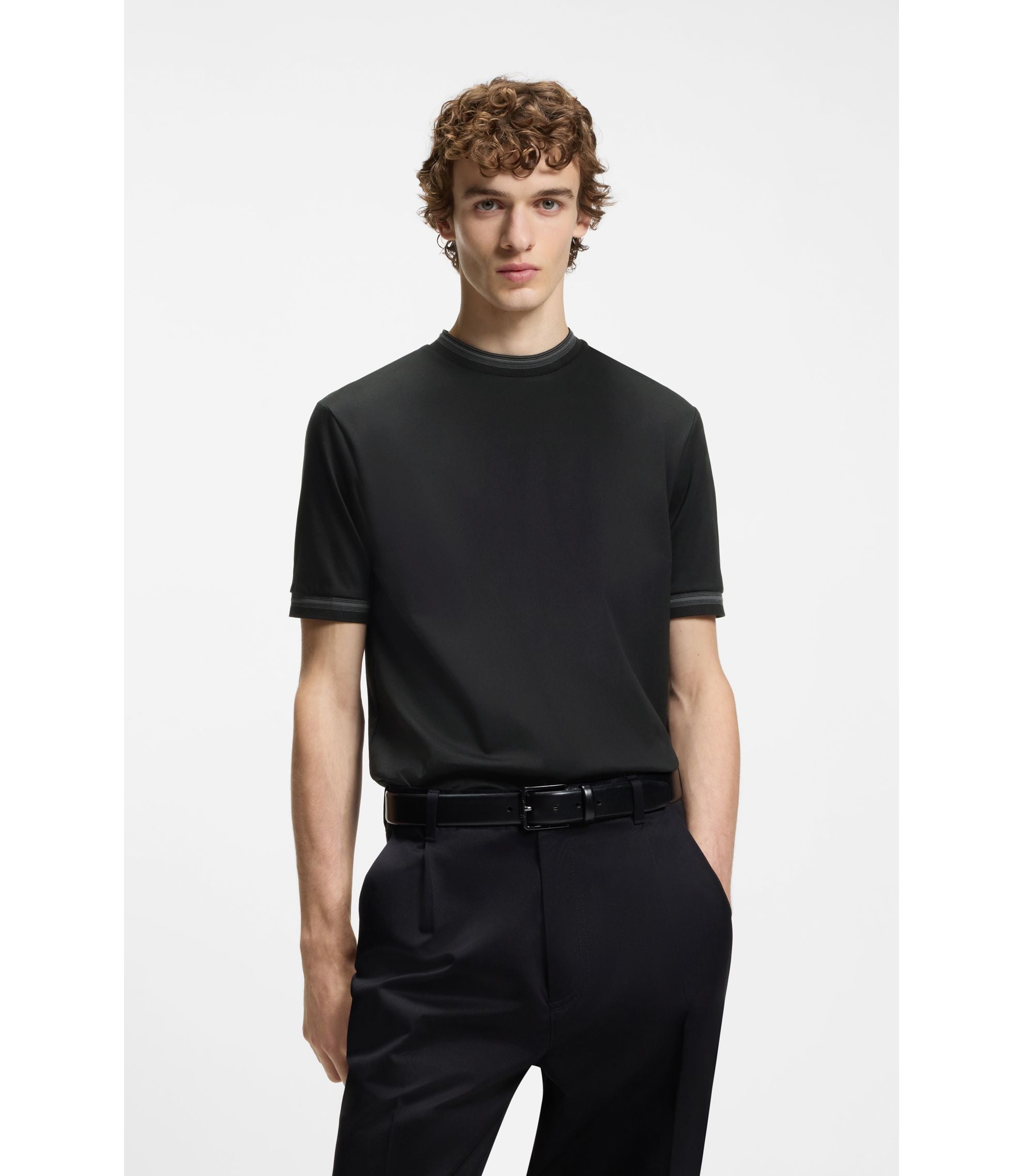 Boss Contrast Tipping Slim Fit T Shirt In Mercerised Cotton Black