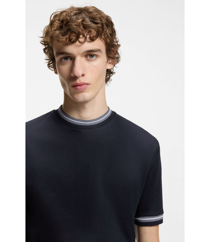 Boss Contrast Tipping Slim Fit T Shirt In Mercerised Cotton Dark Blue