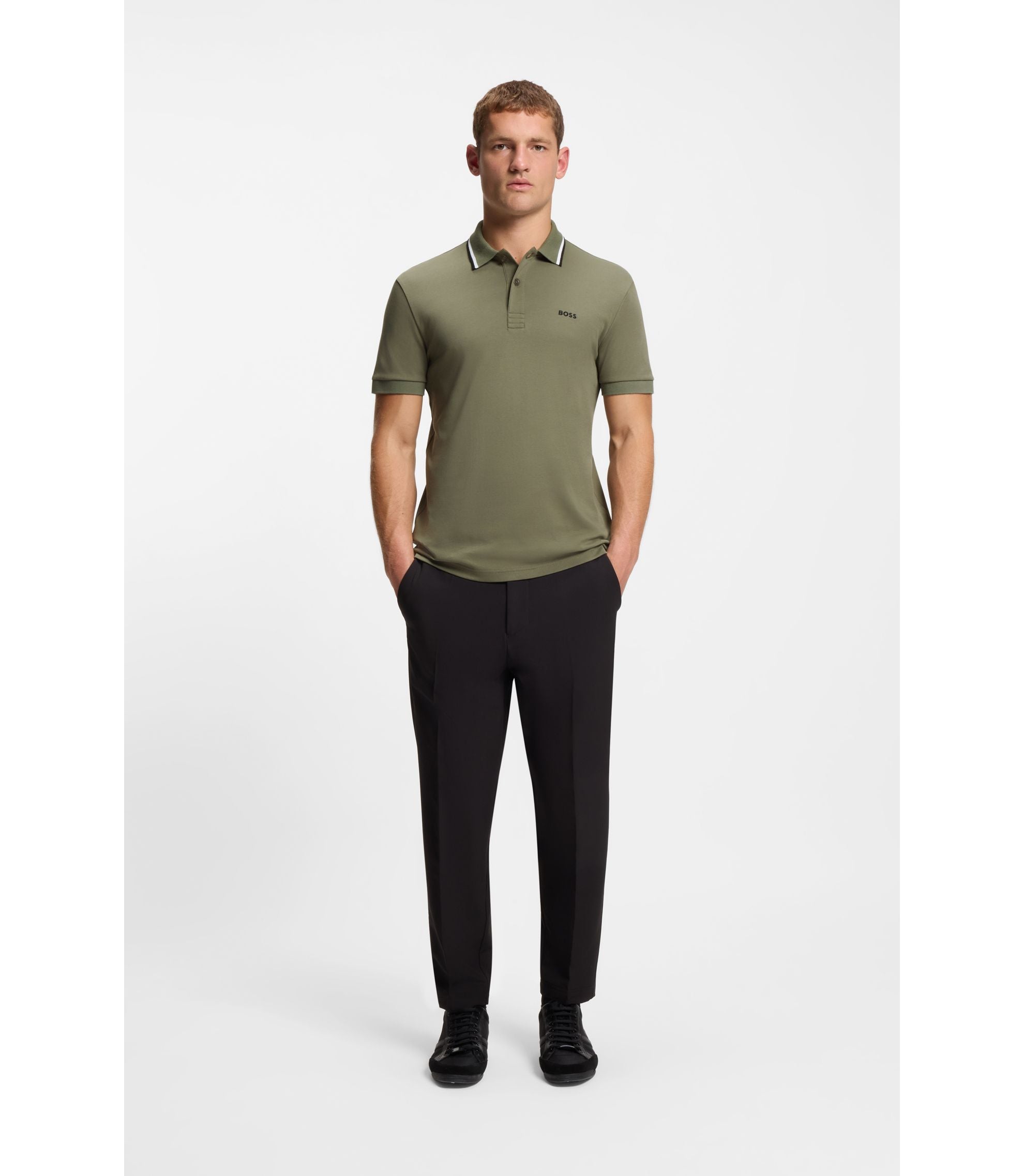 Boss Paddy Slim Fit Polo Shirt In Interlock Cotton Khaki