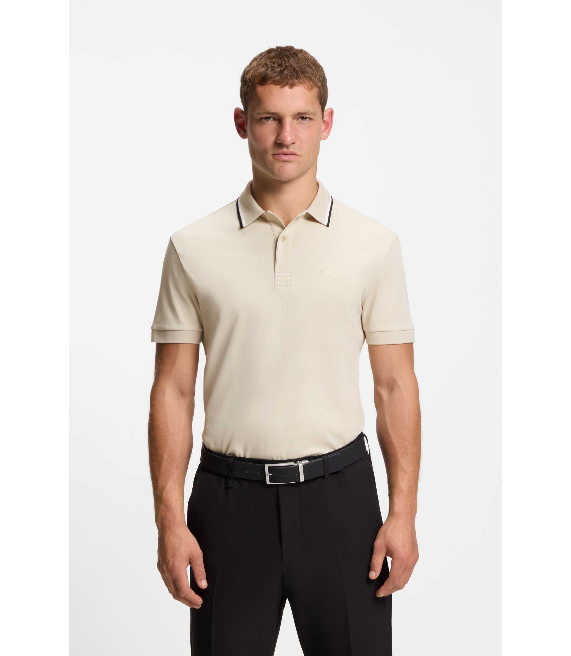 Boss Paddy Slim Fit Polo Shirt In Interlock Cotton Light Beige