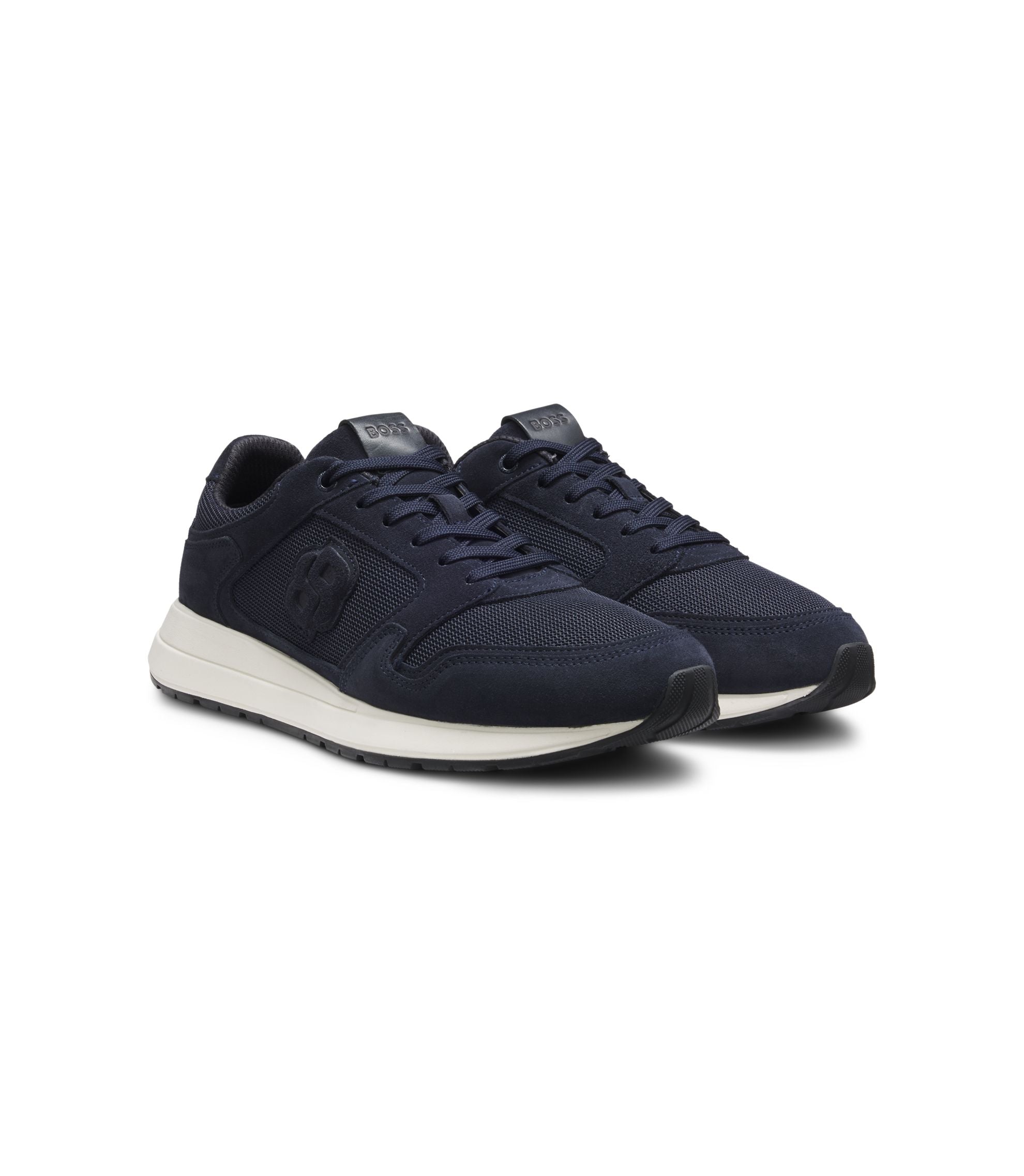 Boss Suede Trim Trainers With Double B Monogram Dark Blue Dark Blue