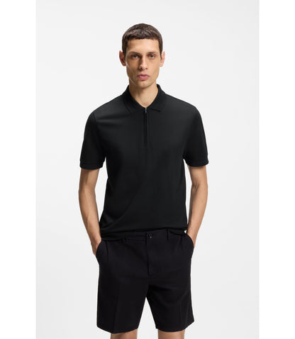Boss Zip Placket Polo Shirt In A Cotton Blend Black