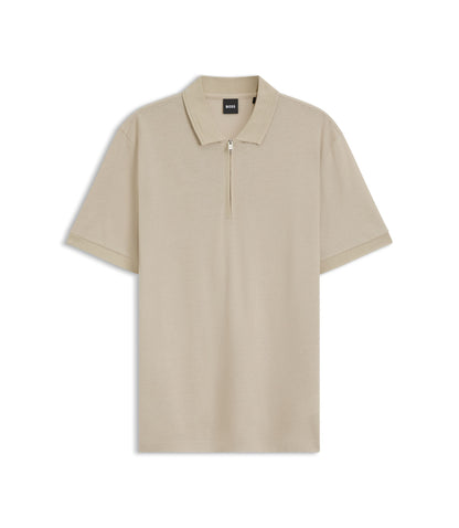 Boss Zip Placket Polo Shirt In A Cotton Blend Light Beige
