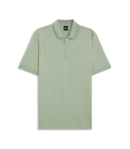Boss Zip Placket Polo Shirt In A Cotton Blend Light Green