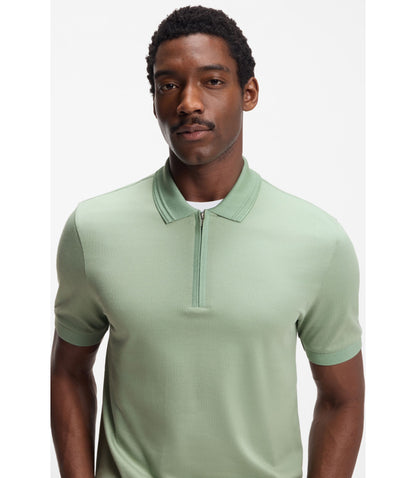 Boss Zip Placket Polo Shirt In A Cotton Blend Light Green