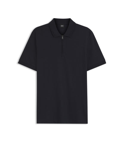 Boss Zip Placket Polo Shirt In A Cotton Blend Dark Blue