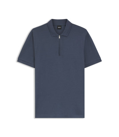 Boss Zip Placket Polo Shirt In A Cotton Blend Light Blue