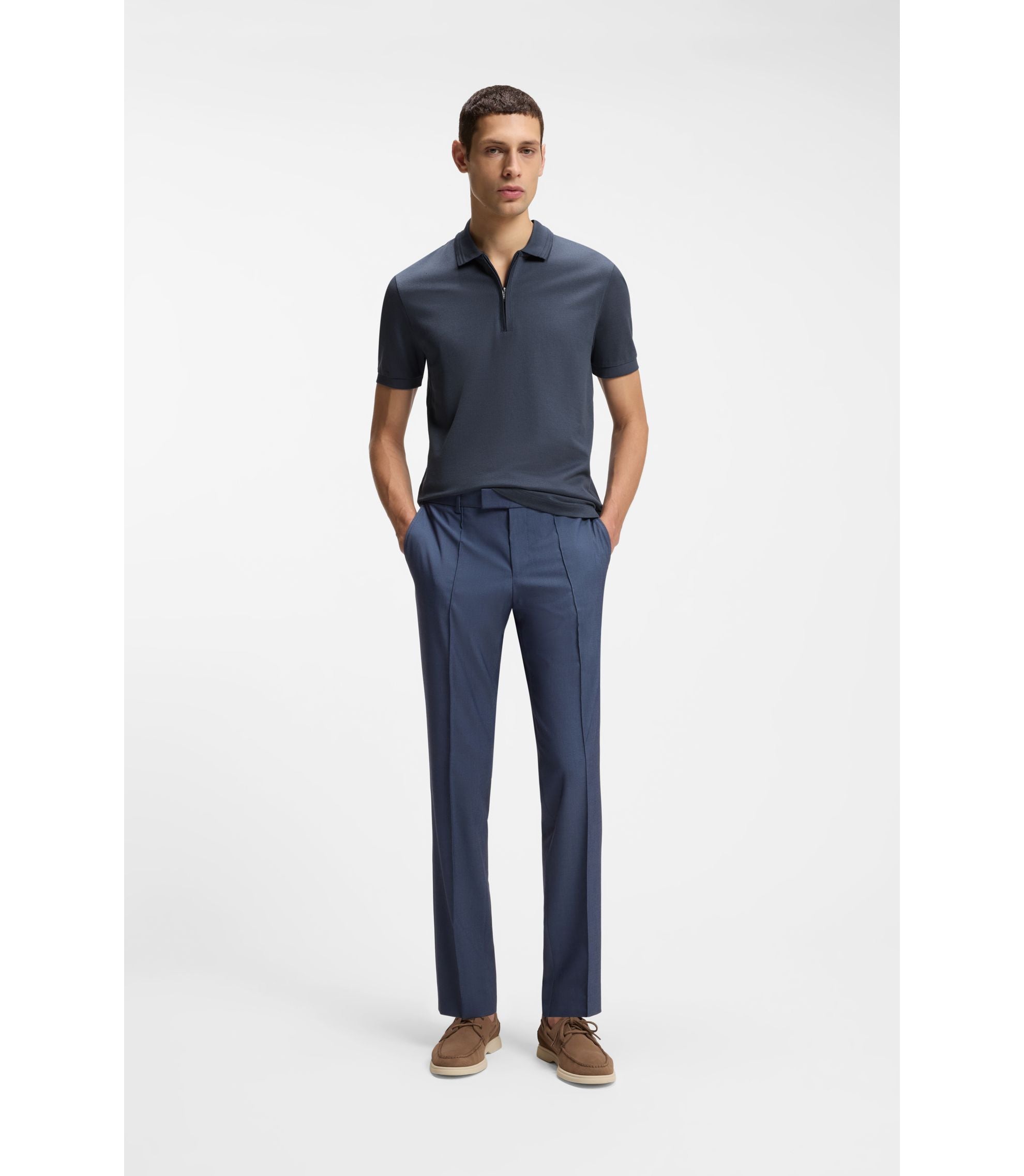 Boss Zip Placket Polo Shirt In A Cotton Blend Light Blue