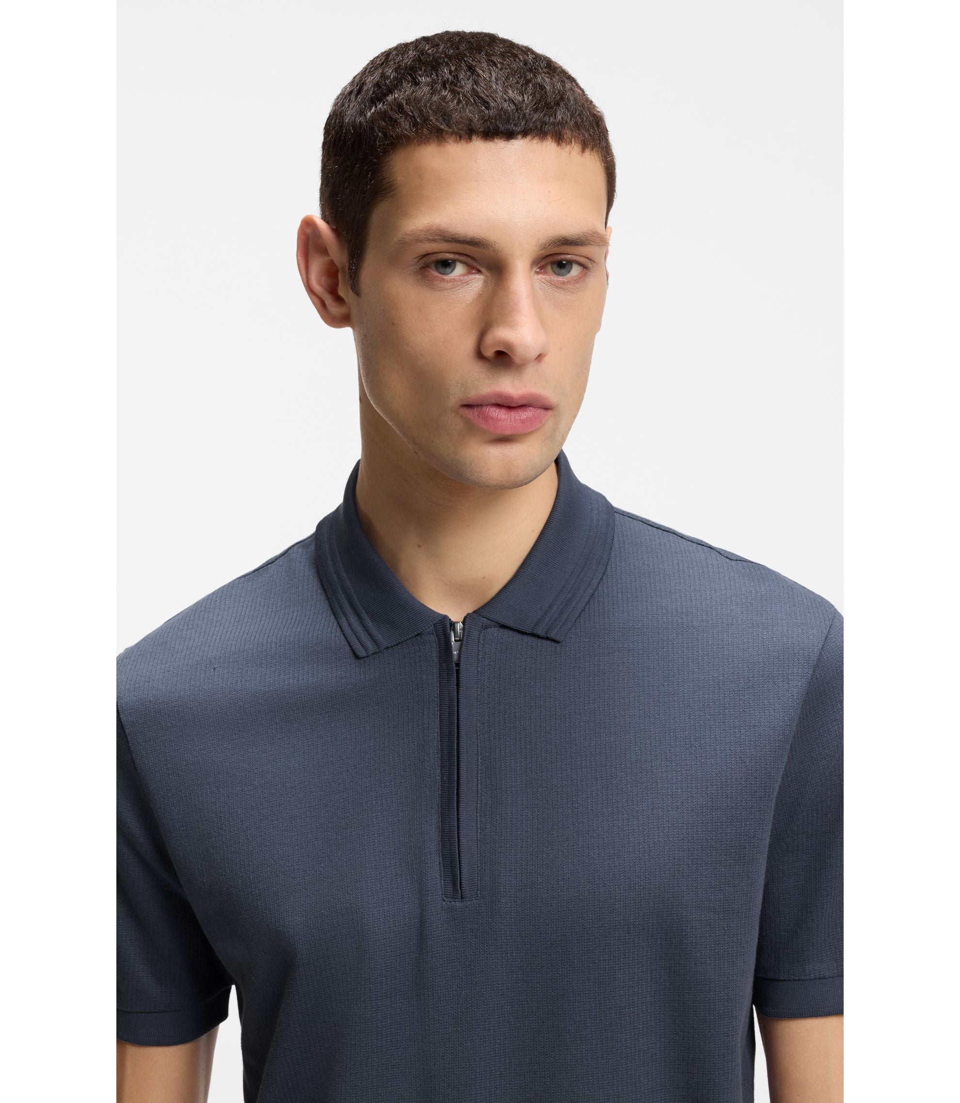 Boss Zip Placket Polo Shirt In A Cotton Blend Light Blue