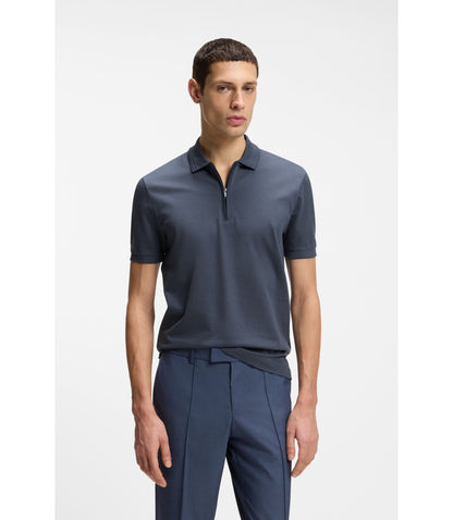 Boss Zip Placket Polo Shirt In A Cotton Blend Light Blue