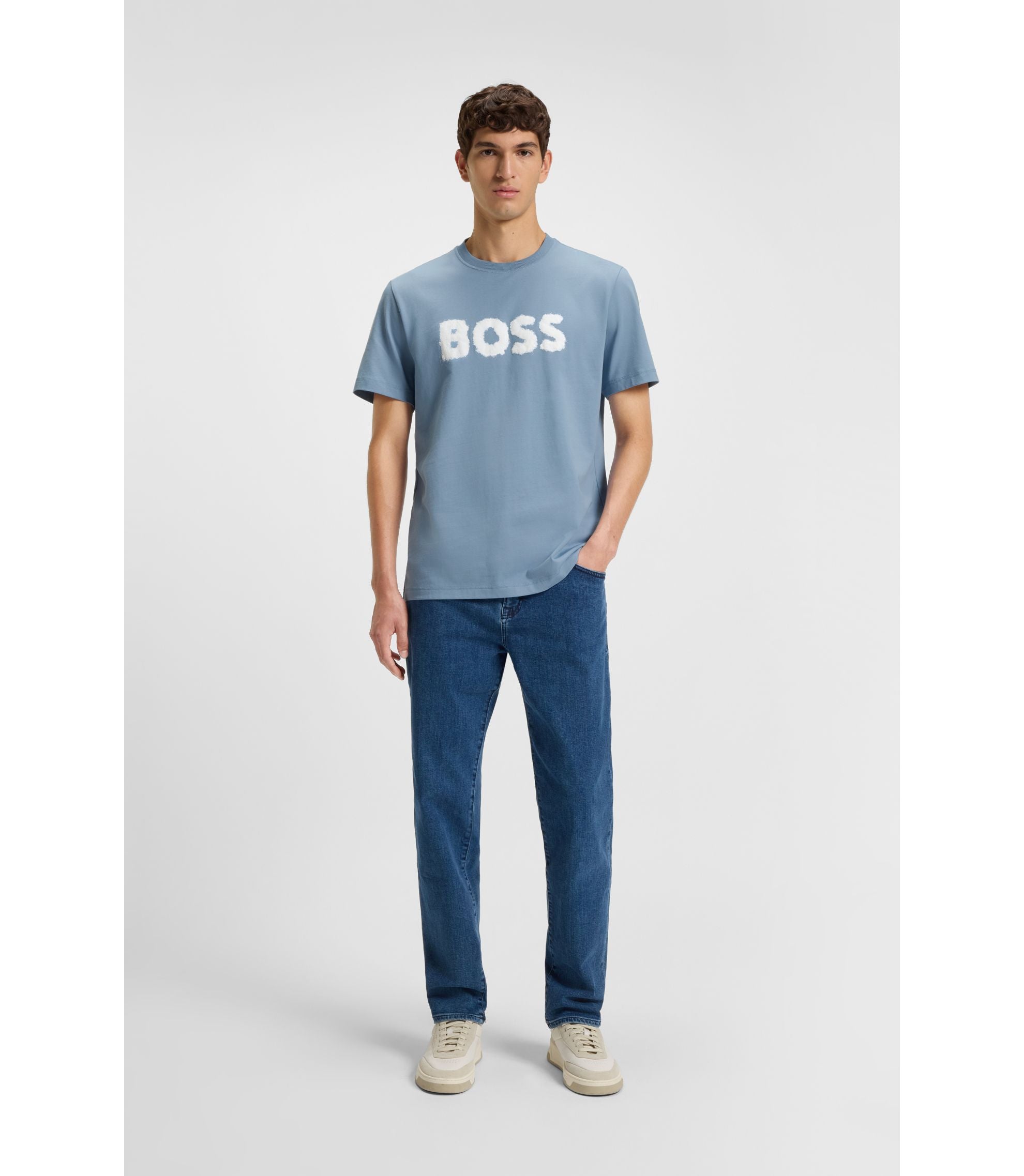 Boss Logo Artwork T Shirt In Cotton Jersey Light Blue