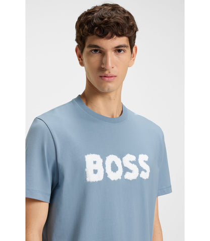 Boss Logo Artwork T Shirt In Cotton Jersey Light Blue