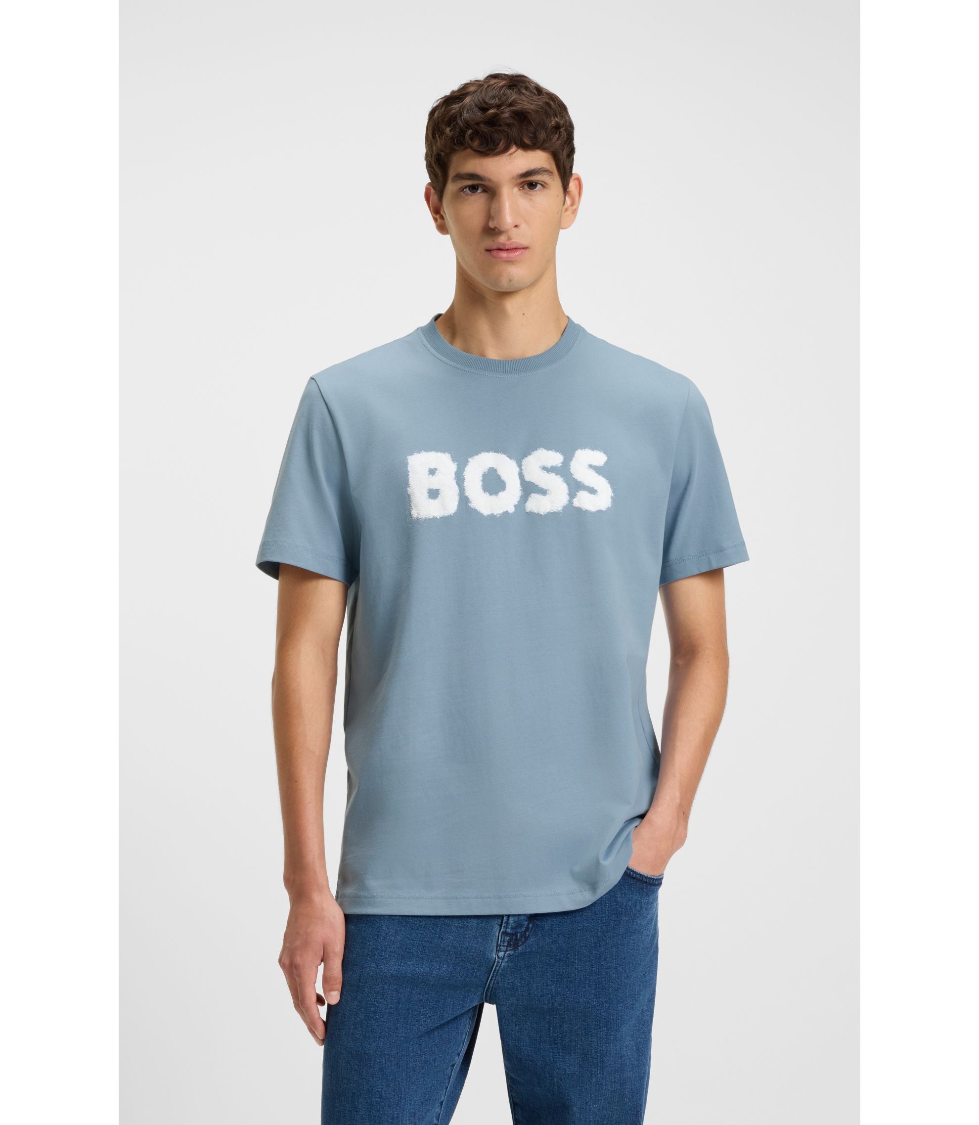 Boss Logo Artwork T Shirt In Cotton Jersey Light Blue