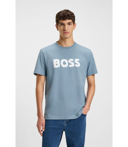 Boss Logo Artwork T Shirt In Cotton Jersey Light Blue